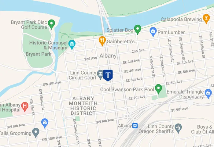 Map of downtown Albany showing the office on Ellsworth Street SW